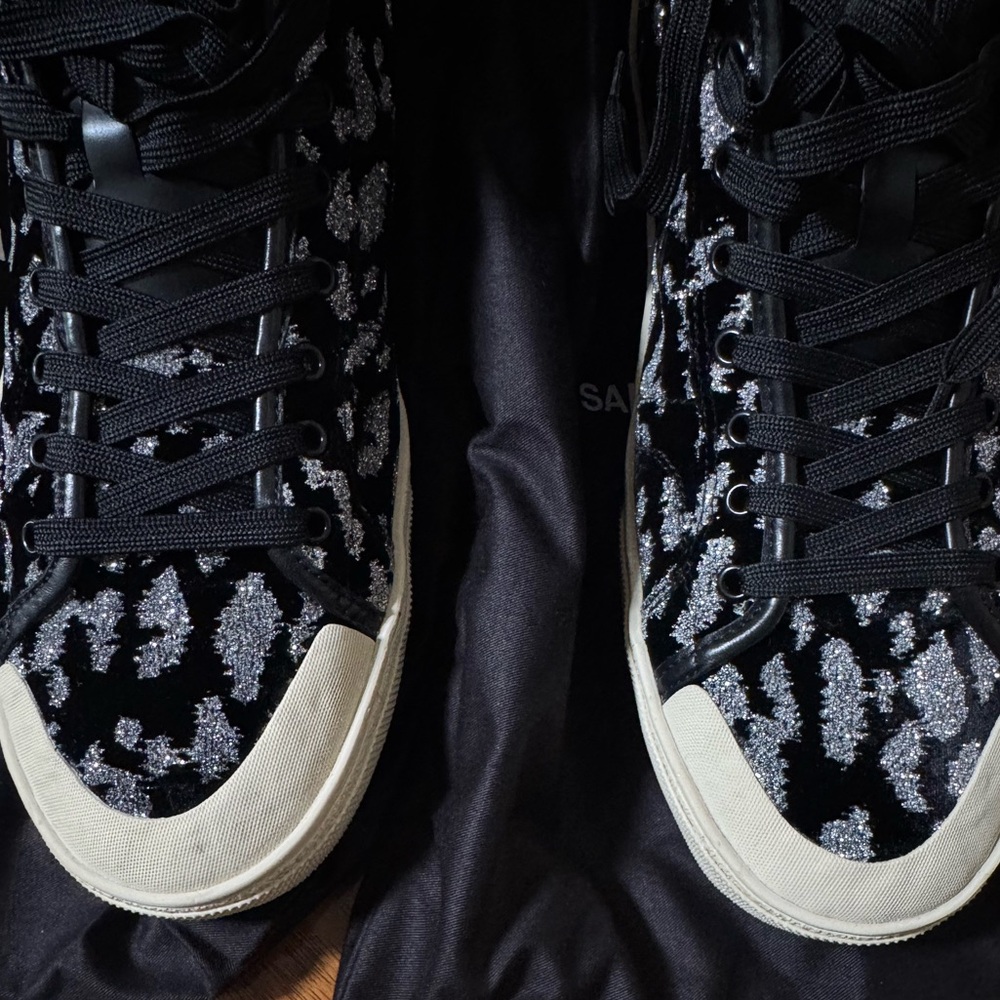 SAINT LAURENT Black Velvet & Silver Glitter Leopard Print High Tops Size 44.5 - Picture 8 of 9